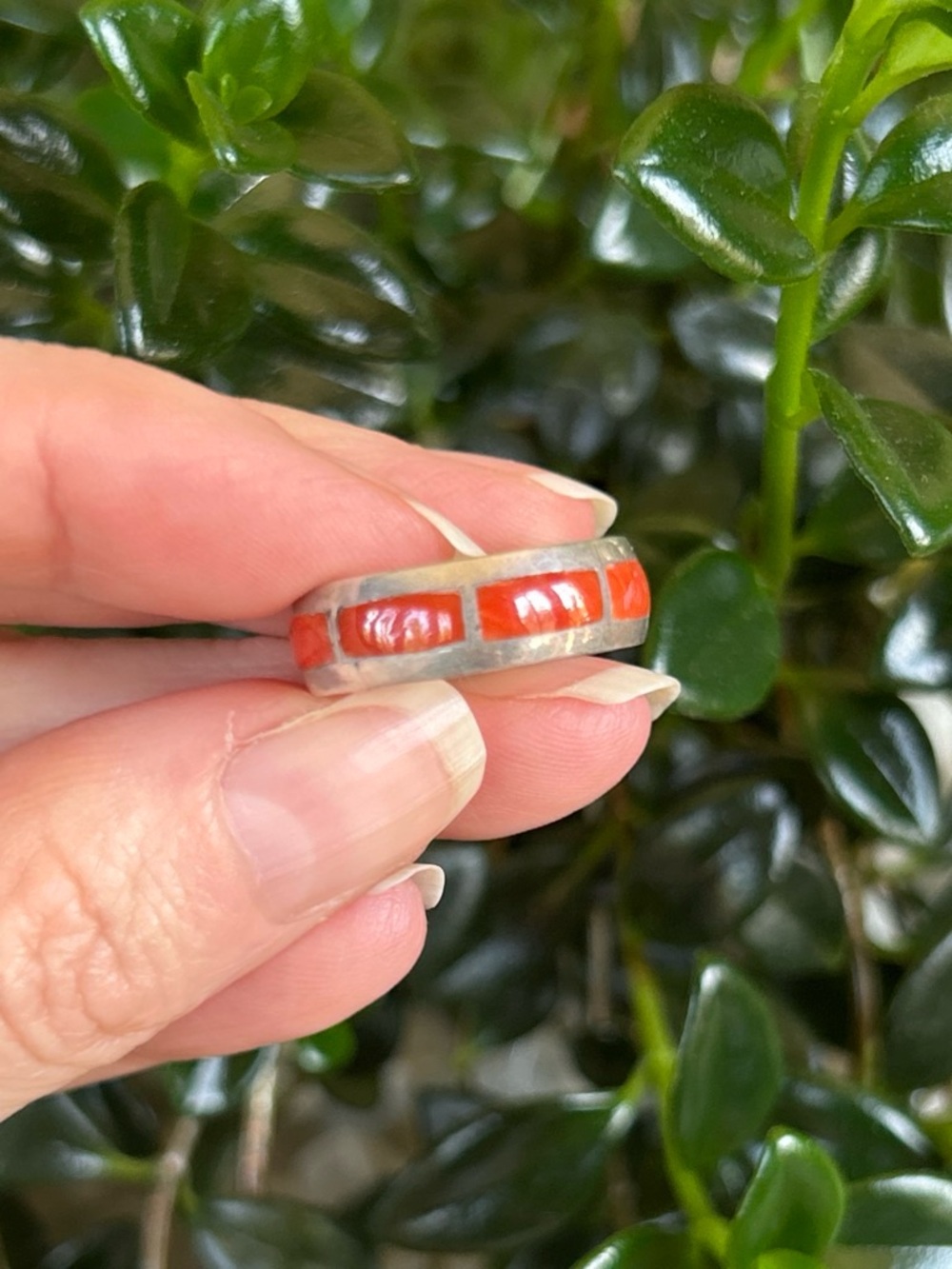 Vintage Native American Sterling Silver and Coral Inlay Ring